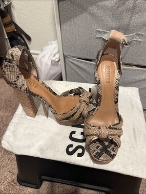 SCHUTZ Brown Snake-Print Platform Heels with Ankle Strap